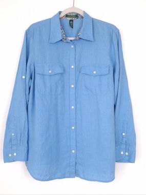 Lauren Ralph Lauren linen button up shirt roll tab sleeve coastal preppy blue